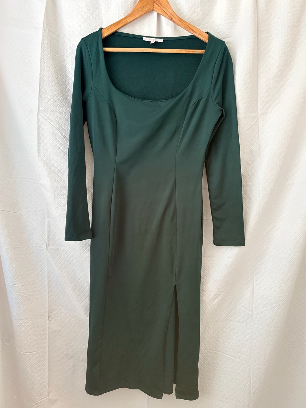 iris Deep Forest Green Long Sleeve Midi Dress with Front Slit